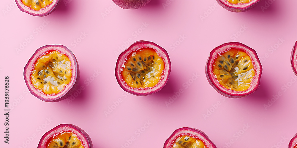Pattern of fresh passion fruit halves on pink background Pattern of fresh passion fruit halves on pink background