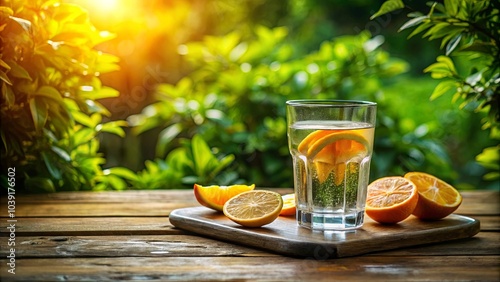 A Glass of Refreshing Citrus Infused Water on a Wooden Table with Natural Sunlight Streaming Through the Leaves of Surrounding Trees