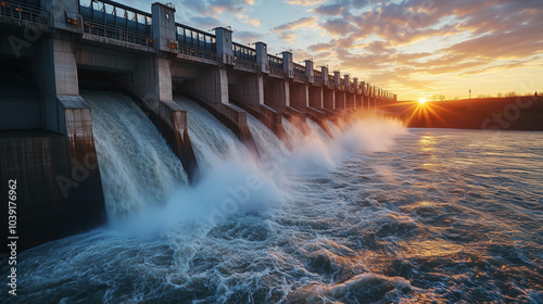 A concrete dam with water flowing over it at sunset with a golden sky and sun shining in the distance