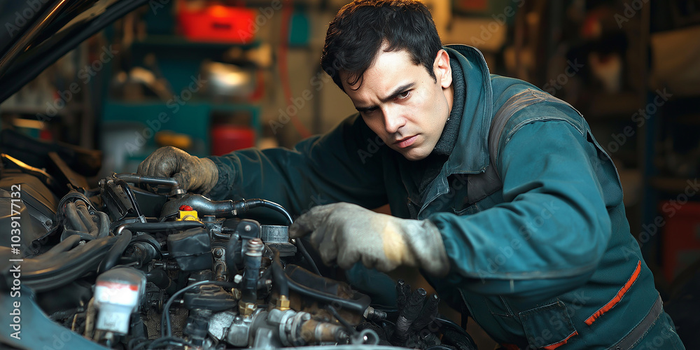 Auto mechanic repairing car engine in garage Auto mechanic repairing car engine in garage