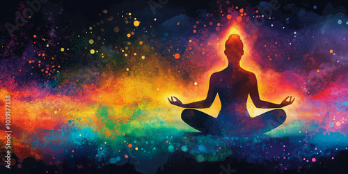 Woman is meditating with her third eye open, creating a colorful aura