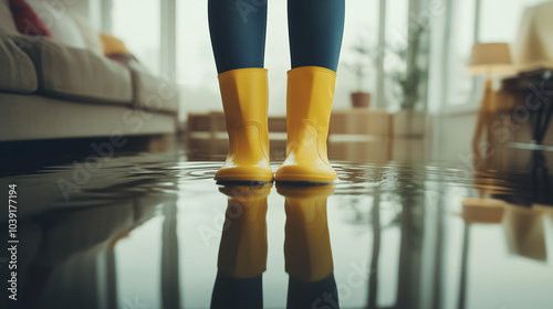 A woman wearing yellow rubber boots stands in a flooded living room, a reflection of the boots is visible in the water