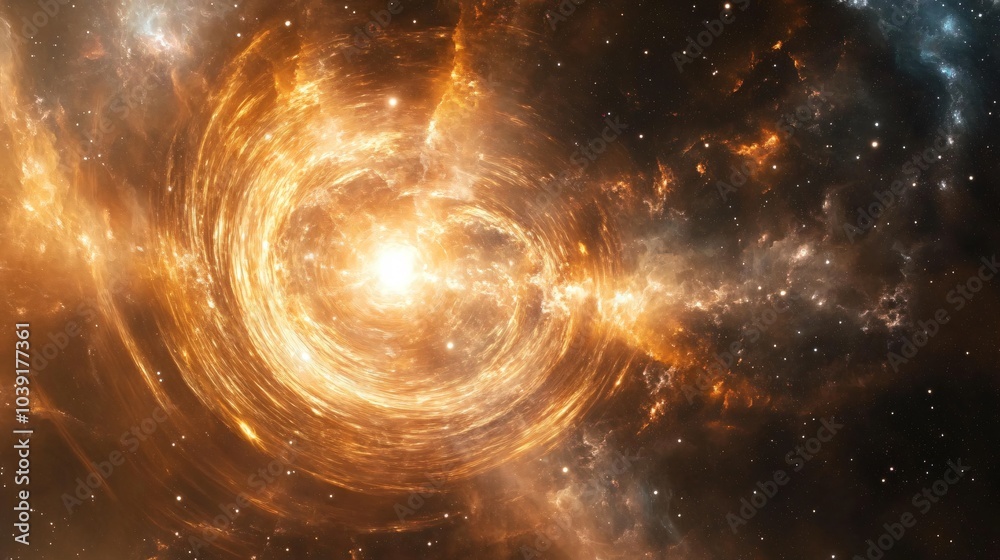 A swirling nebula with a bright white light in the center, surrounded by stars and dust in space. A swirling nebula with a bright white light in the center, surrounded by stars and dust in space.
