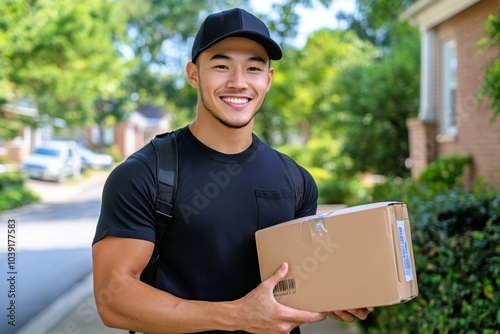 Hyper-realistic D2C product delivery in a busy neighborhood, capturing the details of a courier handing over a package to a customerâ€™s doorstep photo