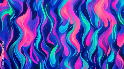 Abstract background of bright blue, teal, and pink wavy lines on a dark blue background.