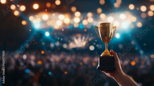 A golden trophy raised in a hand amidst a blurred, festive crowd and sparkling lights, symbolizing victory and celebration.