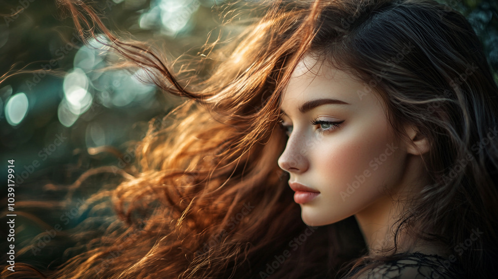 A young woman with flowing hair enjoys a breezy afternoon in a sunlit forest