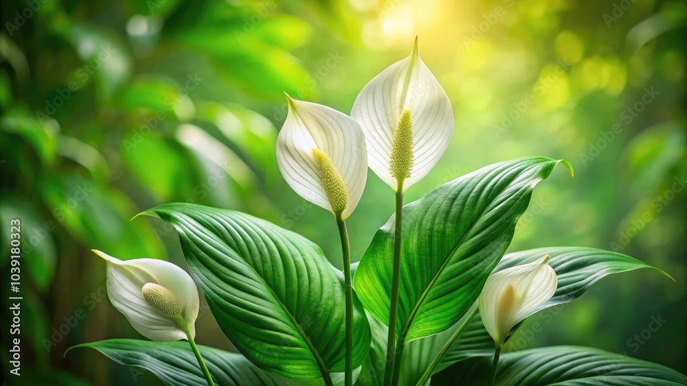 Obraz premium Spathiphyllum Cannifolium captured with tilt-shift photography, showcasing natureâ€™s beauty through vibrant greenery, stunning flora, and high-quality imagery of lush tropical plants and textures.