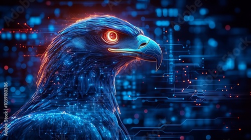 A digital rendering of an eagle's head, composed of glowing blue lines and circuitry, with a fiery red eye, set against a dark background of blurred lights and circuit patterns.