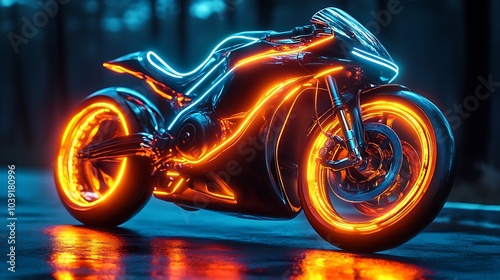 A futuristic motorcycle with glowing orange wheels and blue neon accents stands on a dark road. photo