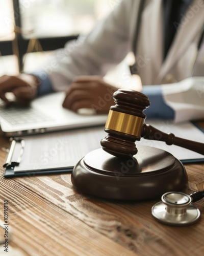 Close-up of the wooden gavel and stethoscope on desk with male doctor using a laptop. Concept of medical law and medical crimes. MZ photo