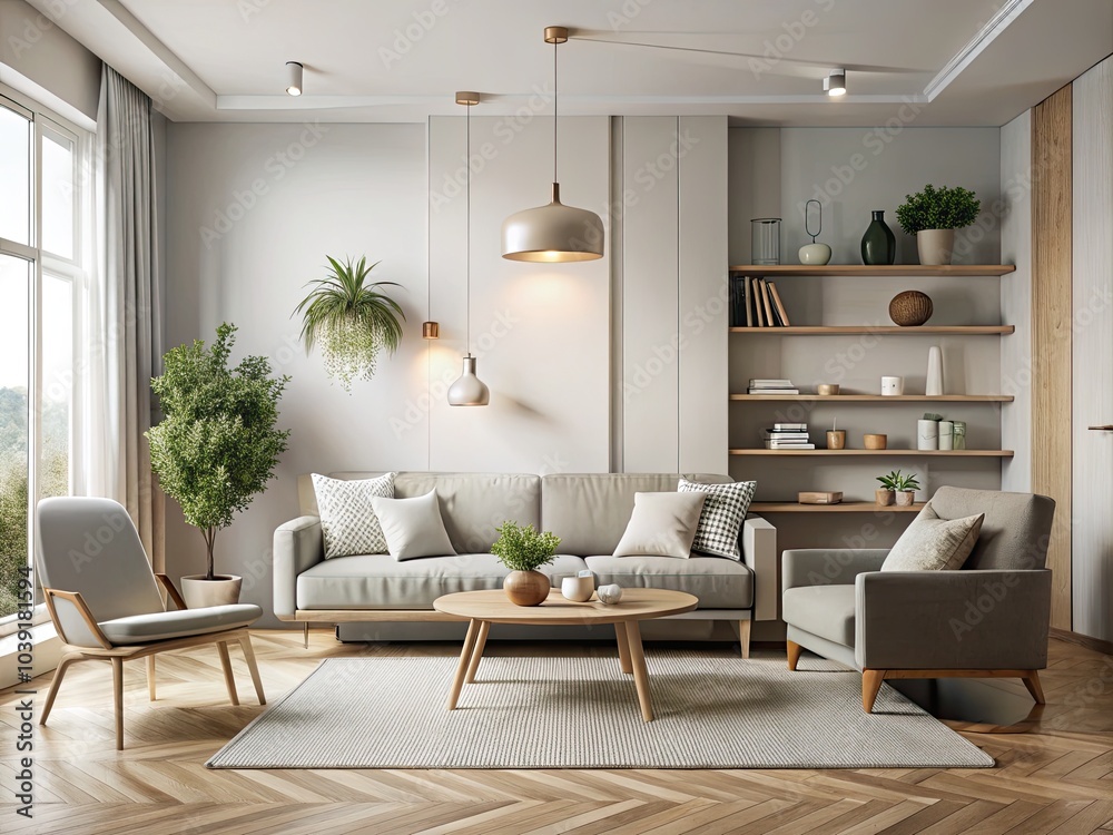 Surreal minimalist Scandinavian living room 3D render featuring an empty wall mockup, offering a fresh canvas for interior design inspiration and creativity exploration. Surreal minimalist Scandinavian living room 3D render featuring an empty wall mockup, offering a fresh canvas for interior design inspiration and creativity exploration.