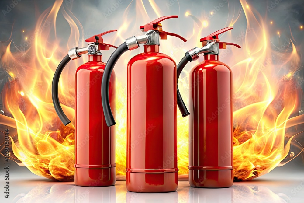 Three Red Fire Extinguishers in a Row - Essential Firefighting Equipment for Safety and Emergency Response in a Clean White Background Three Red Fire Extinguishers in a Row - Essential Firefighting Equipment for Safety and Emergency Response in a Clean White Background