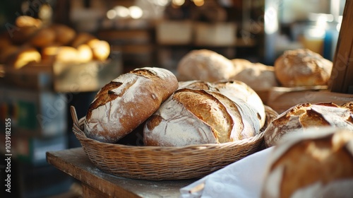 A bustling artisan bakery with baking tools and freshly baked bread, Artisan bread baking craftsmanship style, photo of