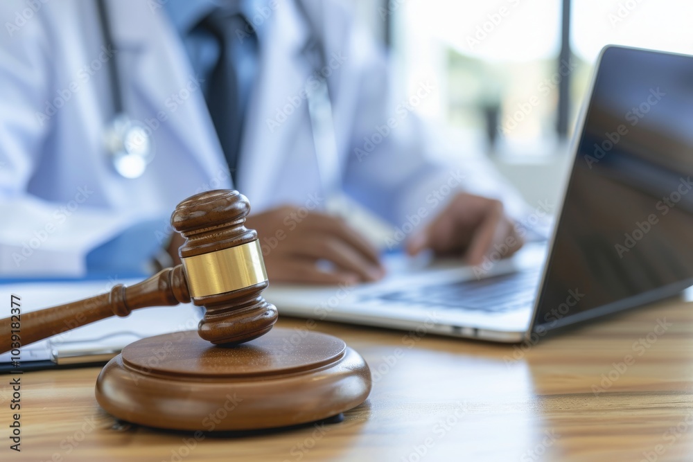 Close-up of the wooden gavel and stethoscope on desk with male doctor using a laptop. Concept of medical law and medical crimes. MZ Close-up of the wooden gavel and stethoscope on desk with male doctor using a laptop. Concept of medical law and medical crimes. MZ