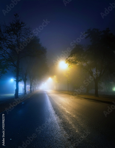 Mysterious night road, shrouded in fog, illuminated by streetlights. A serene, yet slightly eerie atmosphere. Empty, dark trees line the path.