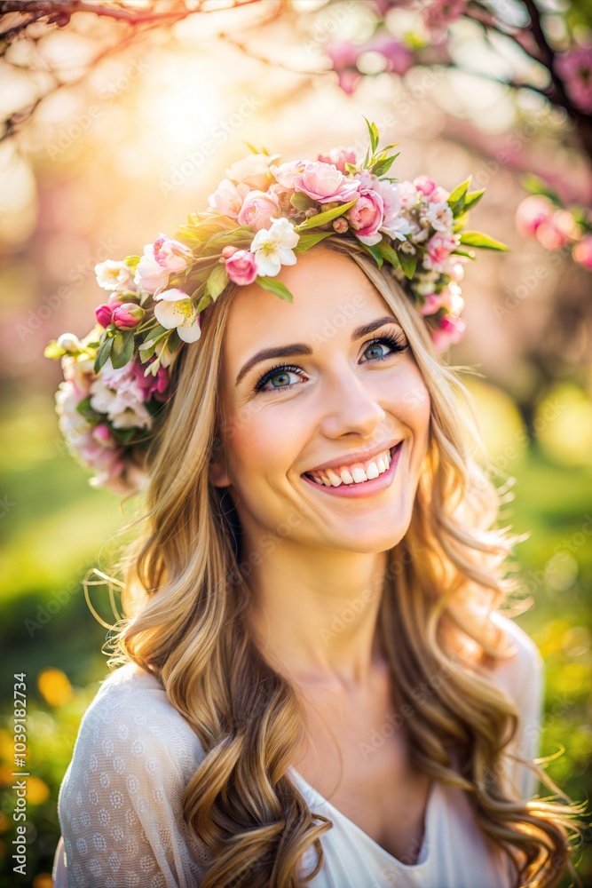 Cheerful Hispanic woman smiling brightly with flower crown in garden Cheerful Hispanic woman smiling brightly with flower crown in garden