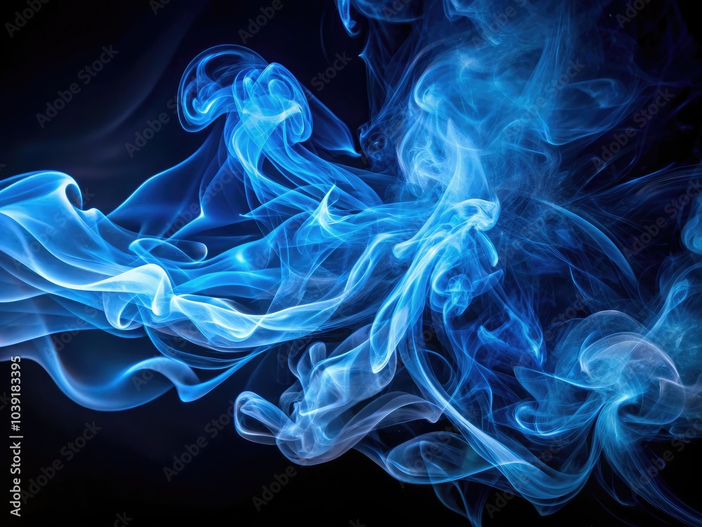 Vibrant blue smoke swirls against a black backdrop, illuminated by colorful light lines, creating a captivating atmosphere ideal for architectural photography. Vibrant blue smoke swirls against a black backdrop, illuminated by colorful light lines, creating a captivating atmosphere ideal for architectural photography.