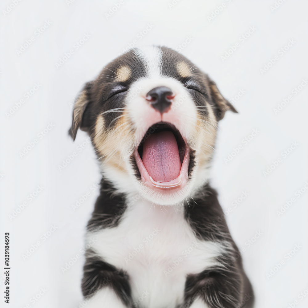 A close-up image of a puppy mid-yawn, with its mouth wide open and eyes half-closed. Suitable for topics such as fatigue, sleepiness, etc. A close-up image of a puppy mid-yawn, with its mouth wide open and eyes half-closed. Suitable for topics such as fatigue, sleepiness, etc.
