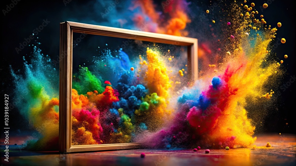Obraz premium Vivid Display Frame featuring a Colorful Powder Explosion in Tilt-Shift Photography Style, perfect for imaginative visuals and striking art projects that inspire creativity.