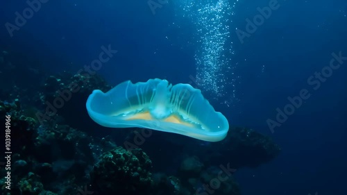 Observe bigfin reef squid gracefully swimming deep blue ocean night dive Tulamben Bali captured stunning slow motion immersive underwater animal beautiful creature indonesia life photo