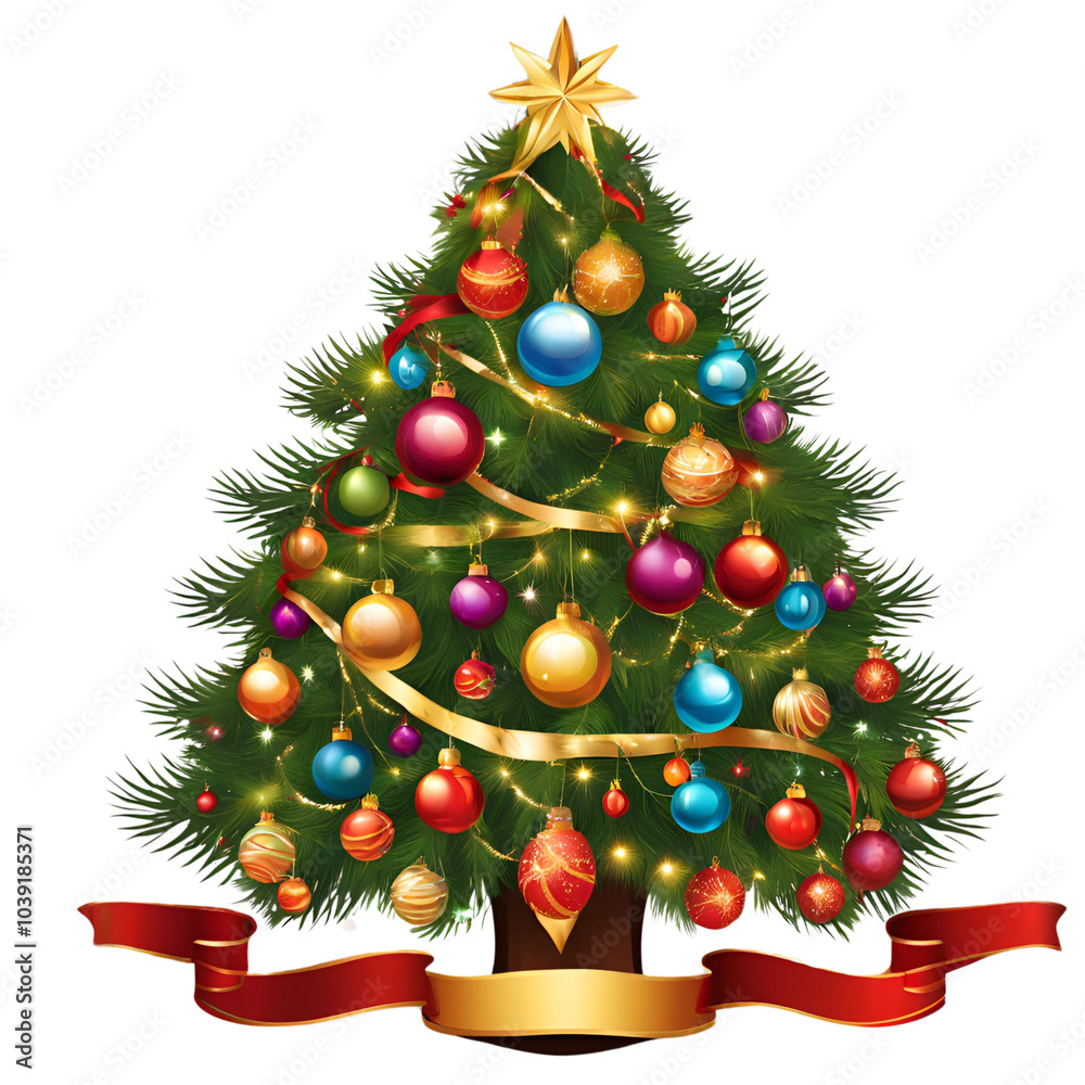 Isolated decorated Christmas tree with ornaments and star, perfect for holiday celebration Isolated decorated Christmas tree with ornaments and star, perfect for holiday celebration