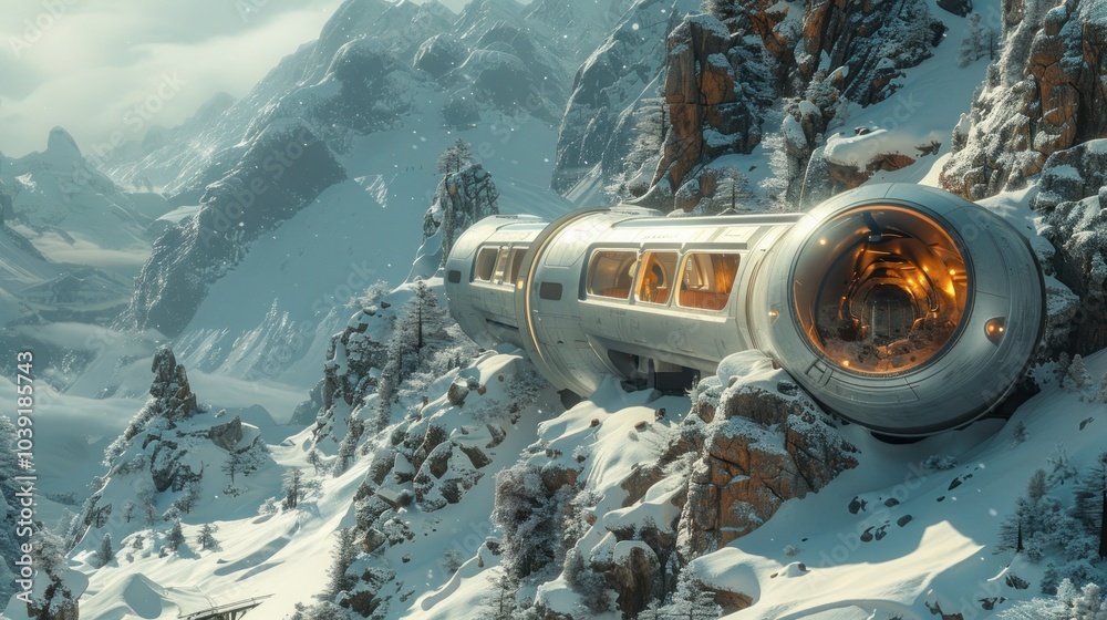 Fototapeta premium Futuristic Spaceship in a Snowy Mountain Valley