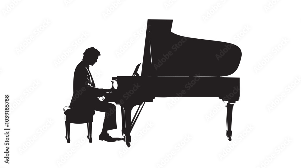 Fototapeta premium A man playing Piano silhouette isolated on white background