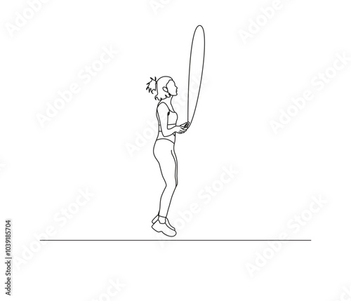 Single continuous line drawing young woman  jumping with skipping rope illustration