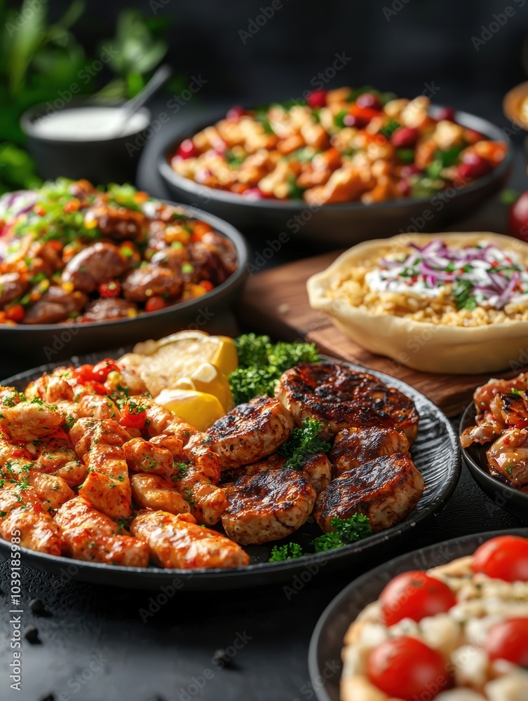 A vibrant display of assorted grilled meats and fresh vegetables on elegant plates. A vibrant display of assorted grilled meats and fresh vegetables on elegant plates.