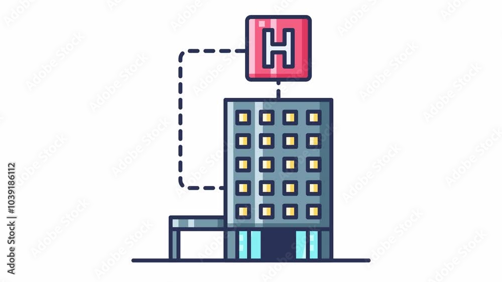 Animated modern hospital building with a medical sign indicating its purpose. Animated modern hospital building with a medical sign indicating its purpose.