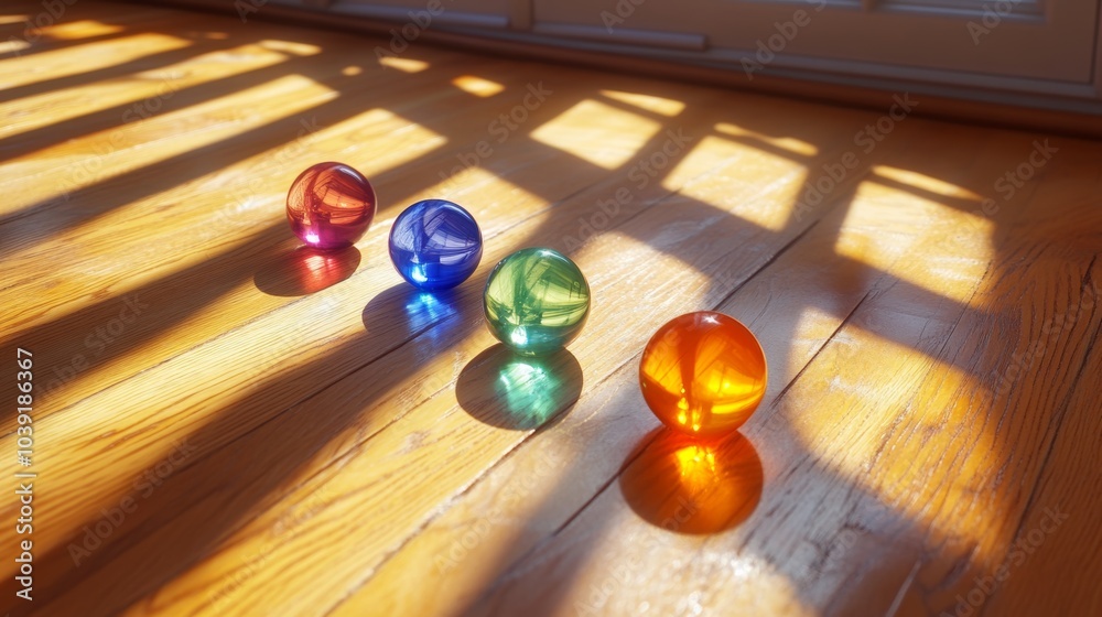 Naklejka premium Colorful Glass Marbles on Wooden Floor with Sunlight