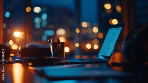 Modern Workspace with Laptop and City Lights at Night