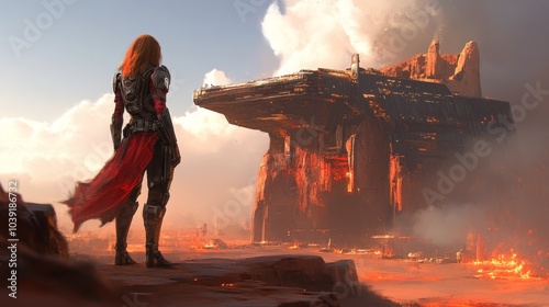 Futuristic Female Warrior in Red Cape Before Spaceship Landing on Red Planet