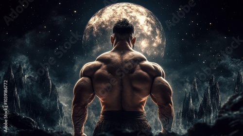 Muscular Man Silhouette Against Full Moon and Night Sky