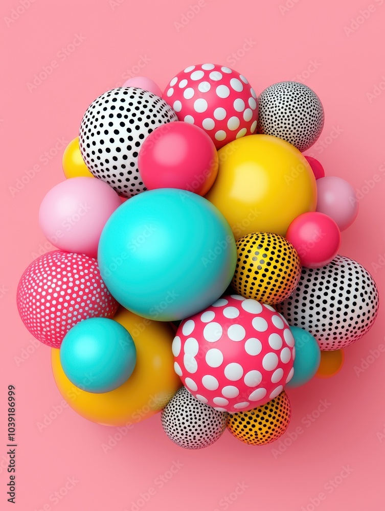 Colorful 3D spheres with various patterns on a pink background. Colorful 3D spheres with various patterns on a pink background.