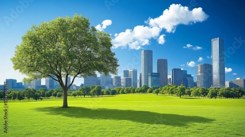 Green Park with City Skyline and Blue Sky