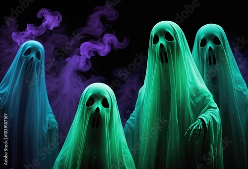 Glowing Ghostly Figures in Eerie Green Mist, Haunting the Night, Halloween Specter Gathering, Generative AI