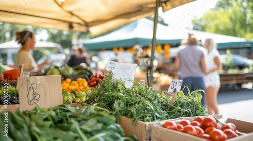 A bustling farmer's market with organic produce and gardening tools, Sustainable agriculture market style, photo of