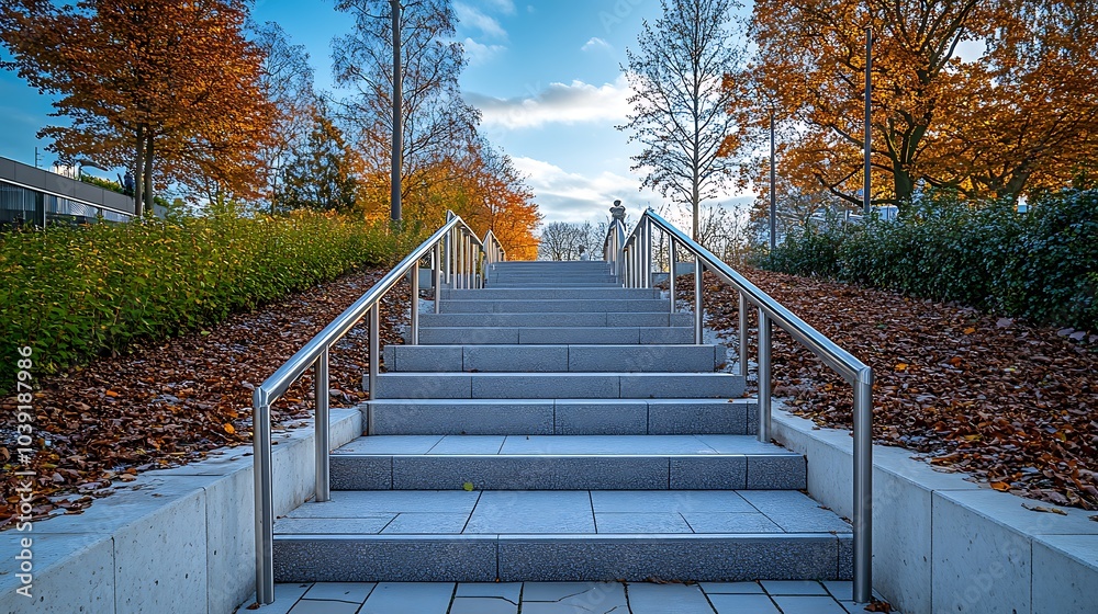 A sidewalk with a gentle slope and handrails on both sides, designed to accommodate wheelchairs, leading to a public park entrance. A sidewalk with a gentle slope and handrails on both sides, designed to accommodate wheelchairs, leading to a public park entrance.