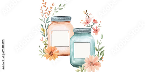 Watercolor vector illustration of two jars with blank labels on a white background