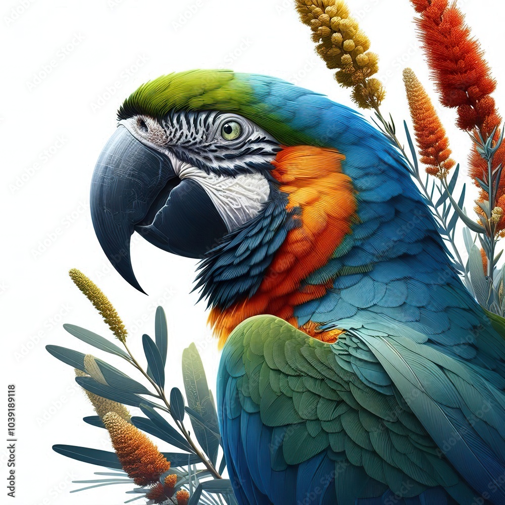 Fototapeta premium The Lear's Macaw bird as a realistic painting with a flat block colour australian native plant in the background