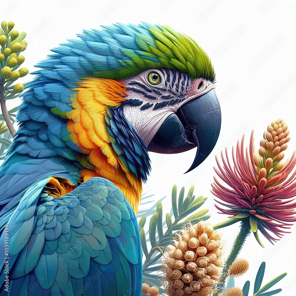 Fototapeta premium The Lear's Macaw bird as a realistic painting with a flat block colour australian native plant in the background