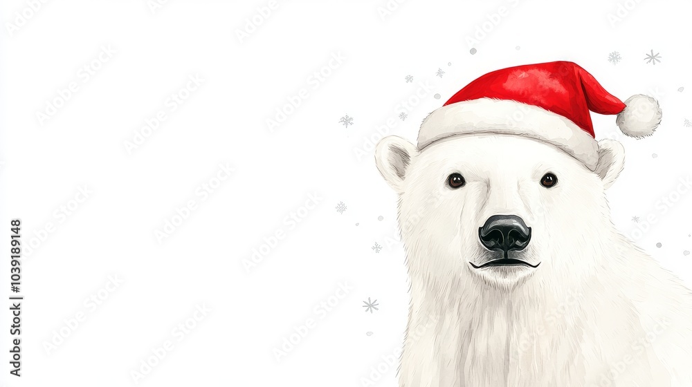 Polar bear wearing a Santa hat on a white background.