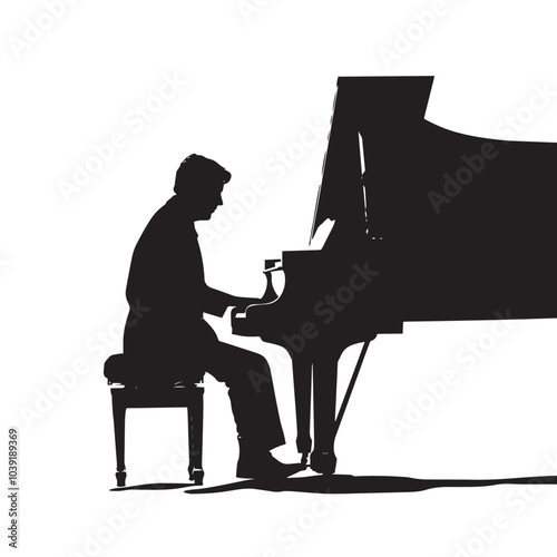 A man playing Piano silhouette isolated on white background