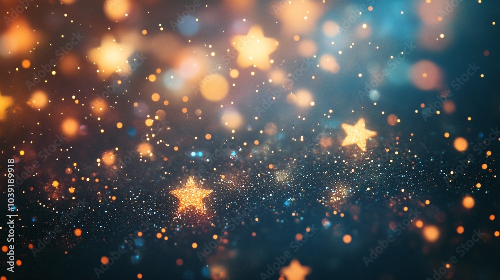 Abstract background with out-of-focus golden stars and bokeh lights on a dark blue background. Abstract background with out-of-focus golden stars and bokeh lights on a dark blue background.