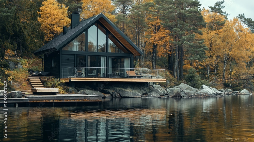 Obraz premium Cozy Scandinavian cabin by a lake, with large windows, minimalistic design, and pine trees