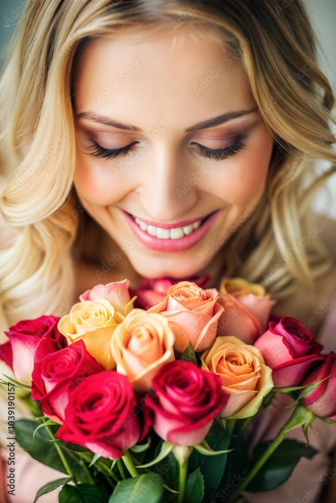Cheerful Hispanic woman smiling while looking at pink and red roses