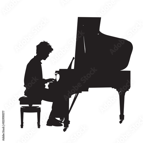 A man playing Piano silhouette isolated on white background