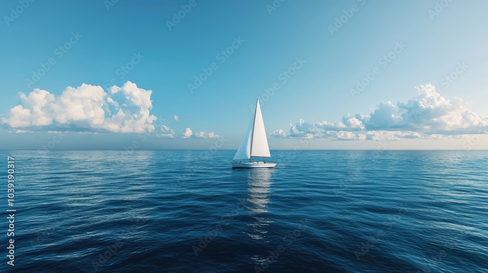Obraz premium Sailboat on calm ocean water under a clear blue sky, inviting a sense of peace and tranquility.